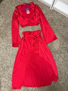 Red Satin Two-Piece Crop Top & Maxi Skirt Set